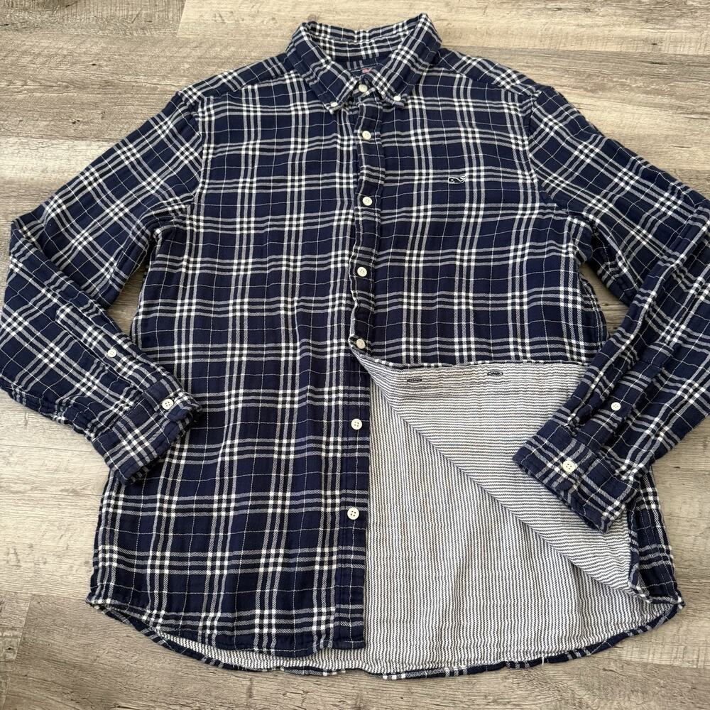 Vineyard Vines Whale Shirt Mens Large Blue Plaid Flannel Button Down Two-Layer - Picture 7 of 7